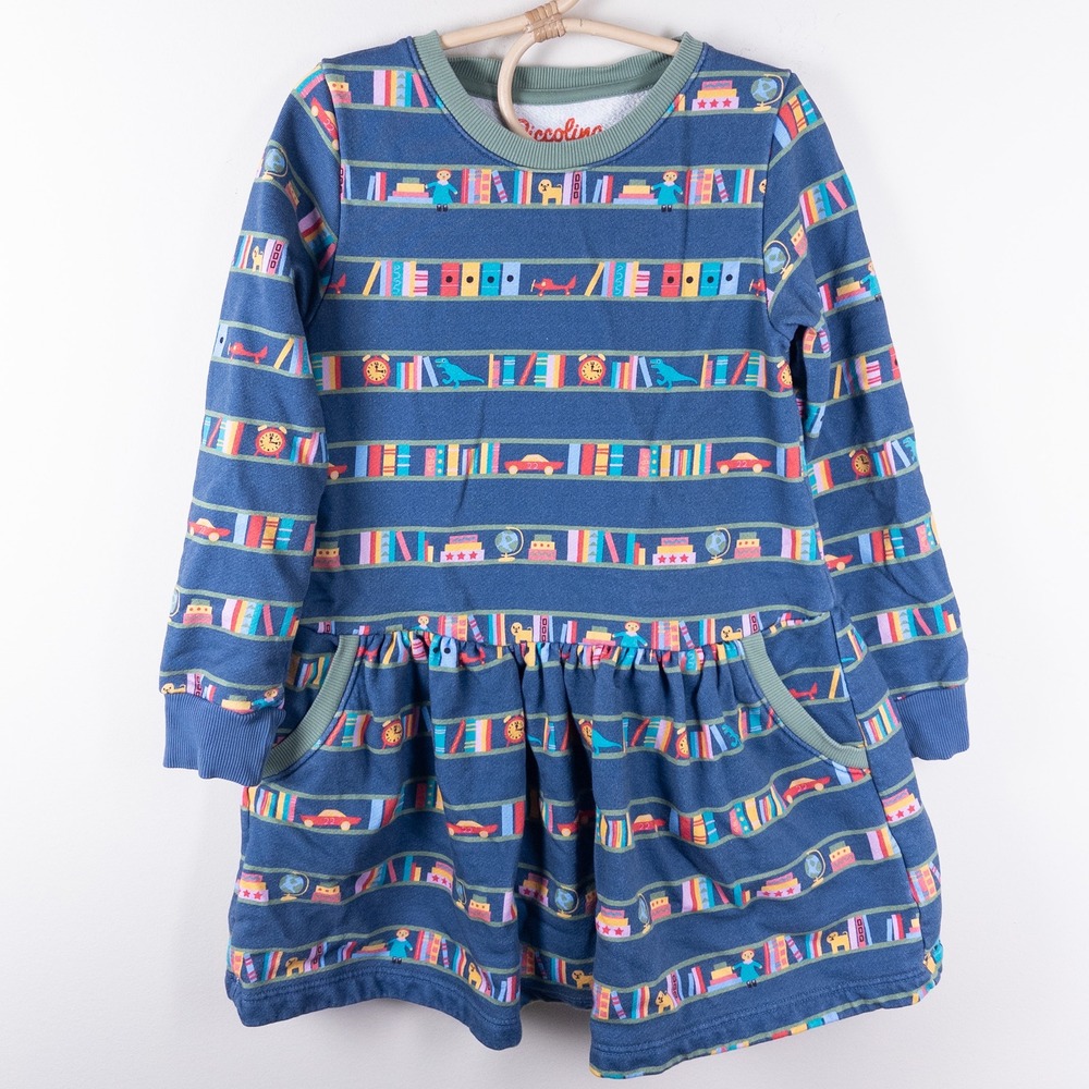 Piccolina Bookshelf Literacy Print Dress Kids 5T Blue Long Sleeve French Terry